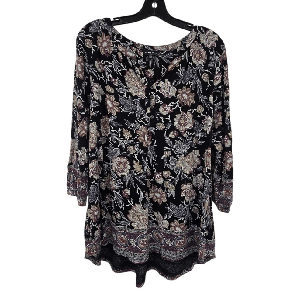 Lucky Brand Floral Popover Top Blouse Women's Plus 2X Black Peasant Boho Paisley